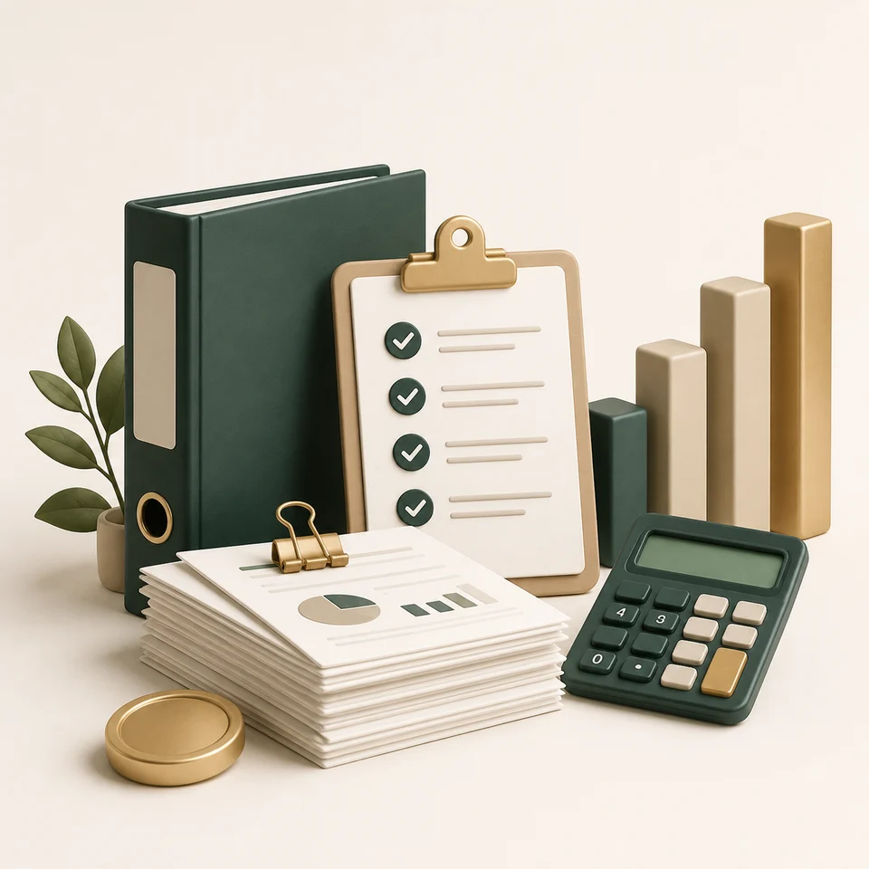 Organized documents, checklist, calculator, and growth chart representing the Nexus mission.