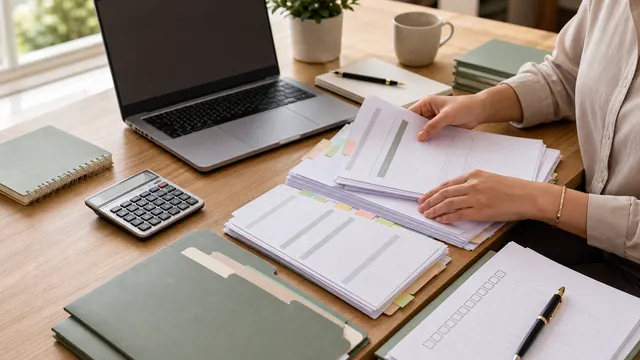 Documentos, pastas e checklist organizados para estruturar rotinas financeiras da empresa.