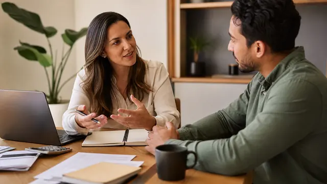 Financial consultant speaking with a client at a work table.