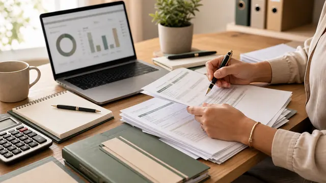 Documentos financeiros sendo analisados sobre uma mesa de trabalho.
