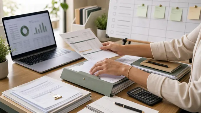 Processos financeiros sendo organizados em pastas e listas de trabalho.