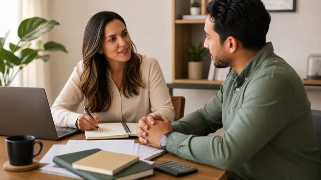 Cliente em uma conversa inicial com uma consultora financeira.