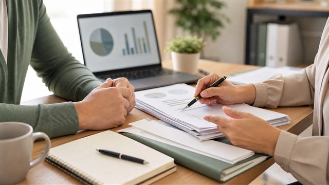 Documentos financeiros sendo avaliados durante uma análise contábil.